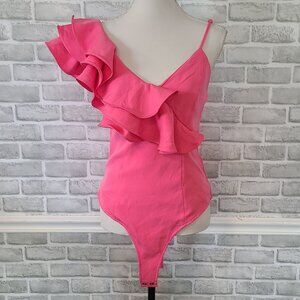 Tea & Cup One Shoulder Bright Pink Ruffle Bodysuit NEW M Barbie Core Coquette